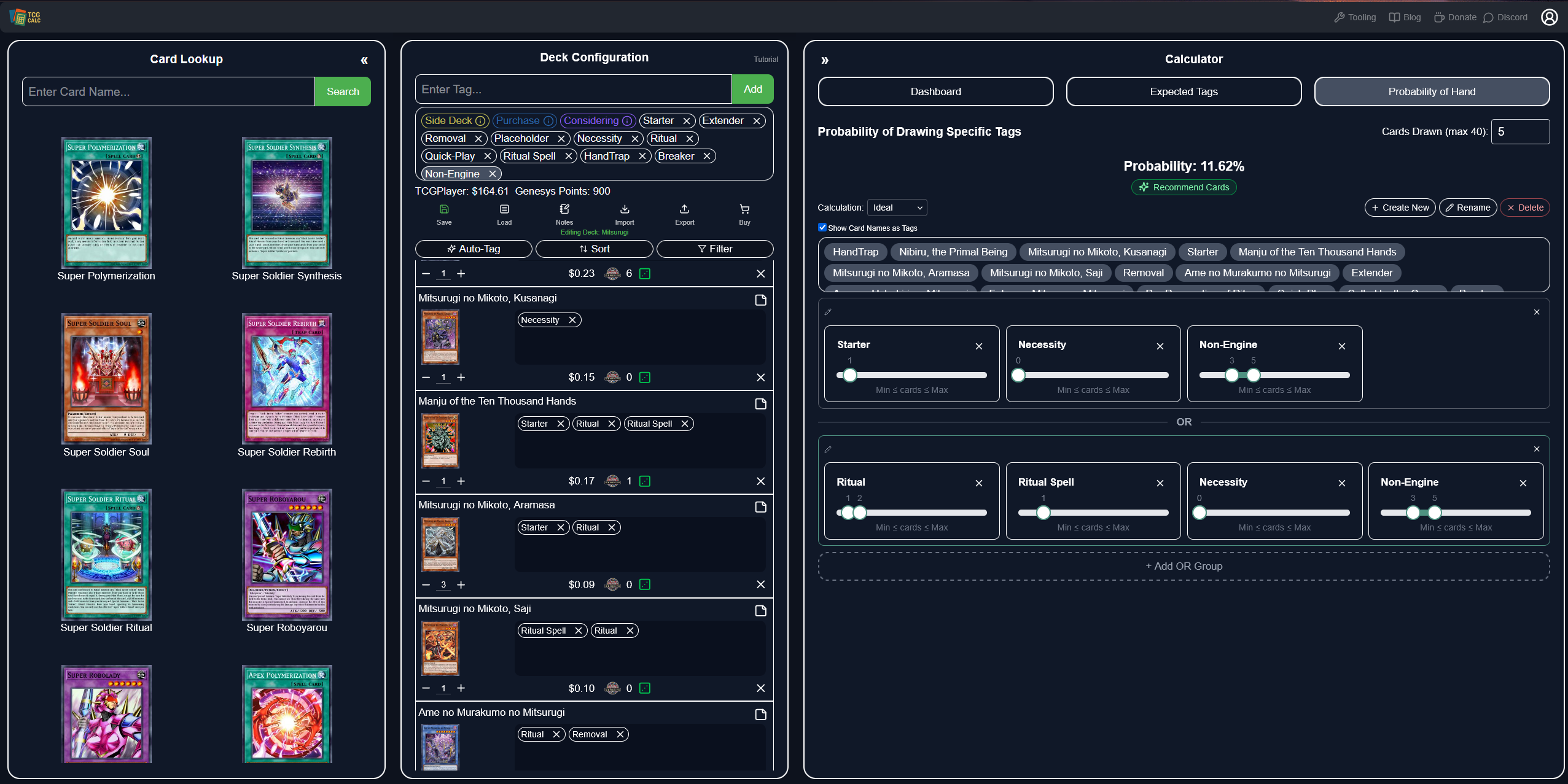 Yu-Gi-Oh! deck builder showing opening-hand probability and deck consistency results
